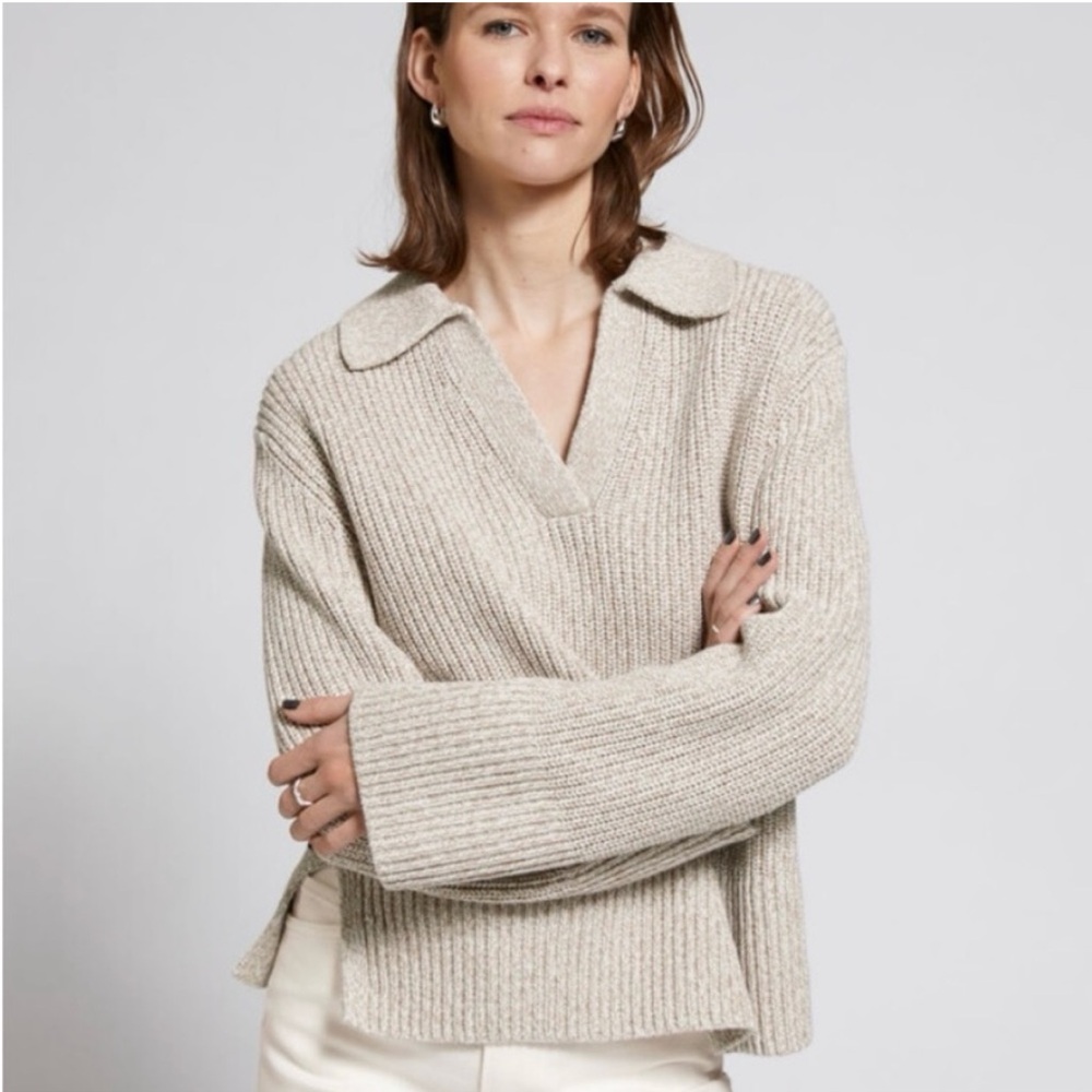& Other Stories Cream V-Neck Ribbed Collared Cotton Sweater - Picture 6 of 6